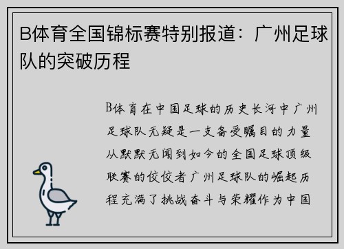 B体育全国锦标赛特别报道：广州足球队的突破历程