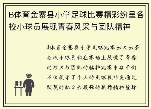 B体育金寨县小学足球比赛精彩纷呈各校小球员展现青春风采与团队精神